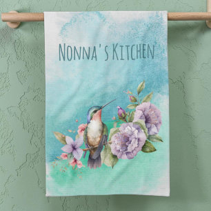 Watercolor Hummingbird and Flowers Personalised Tea Towel