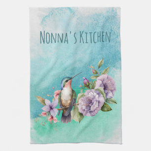 Watercolor Hummingbird and Flowers Personalized Tea Towel