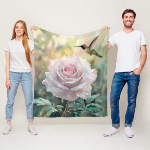 Watercolor Hummingbird and Pink Rose Fleece Blanket