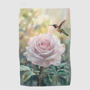 Watercolor Hummingbird and Pink Rose Golf Towel