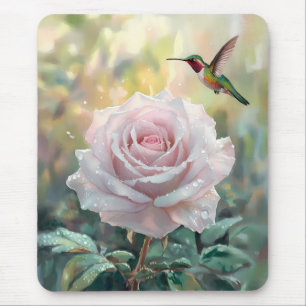 Watercolor Hummingbird and Pink Rose Mouse Pad