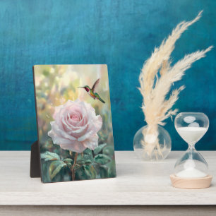 Watercolor Hummingbird and Pink Rose Plaque