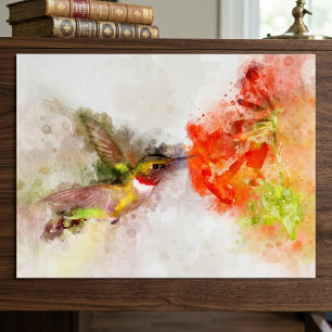 Watercolor Hummingbird Feeding on Vibrant Flower Poster