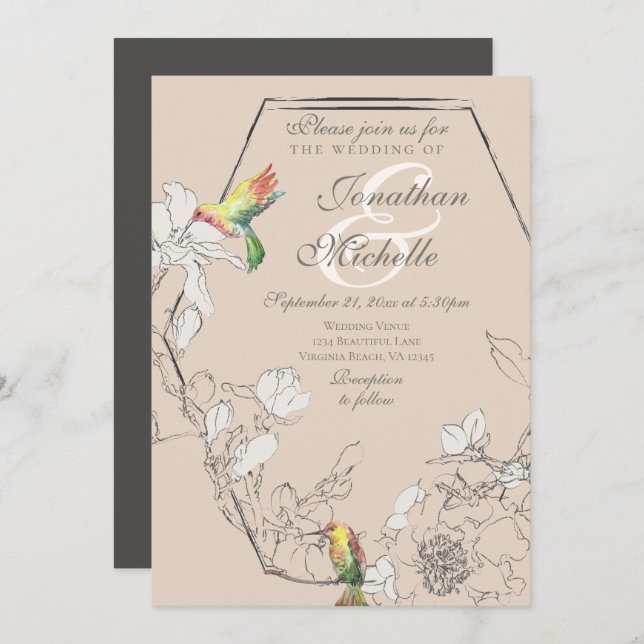 Watercolor Hummingbird Floral Geometric Wedding Invitation (Front/Back)