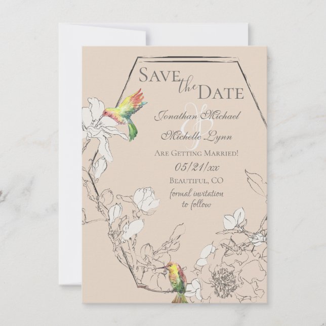 Watercolor Hummingbird Floral Geometric Wedding Save The Date (Front)