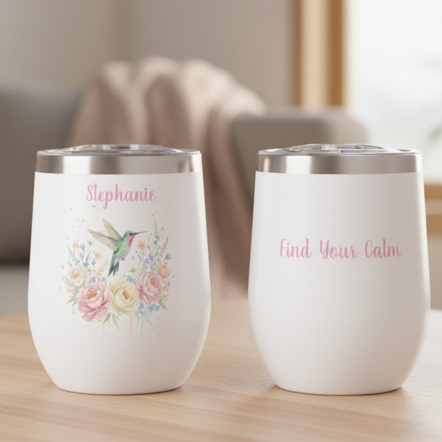 Watercolor Hummingbird Floral – Name Gift for Her (Personalized thermal wine tumbler)
