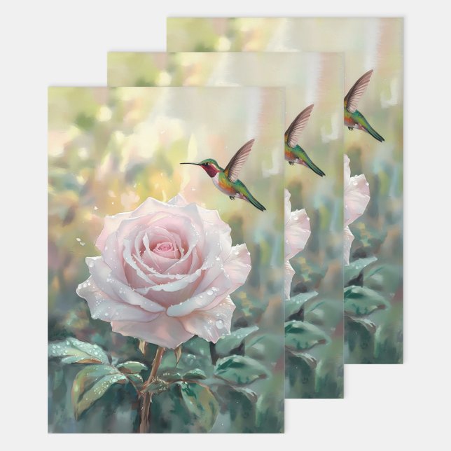 Watercolor Hummingbird Pink Rose Decoupage Wrapping Paper Sheet (Creator Uploaded)