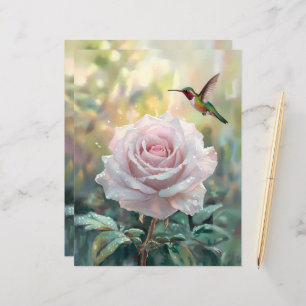 Watercolor Hummingbird Pink Rose Scrapbook Paper