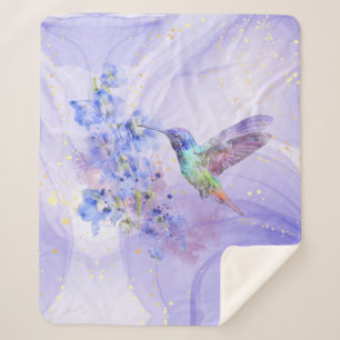 Watercolor Hummingbird Purple Blue Garden Flowers Sherpa Blanket
