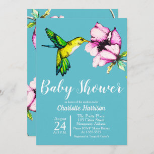 Watercolor Hummingbird & Purple Flower Baby Shower Invitation