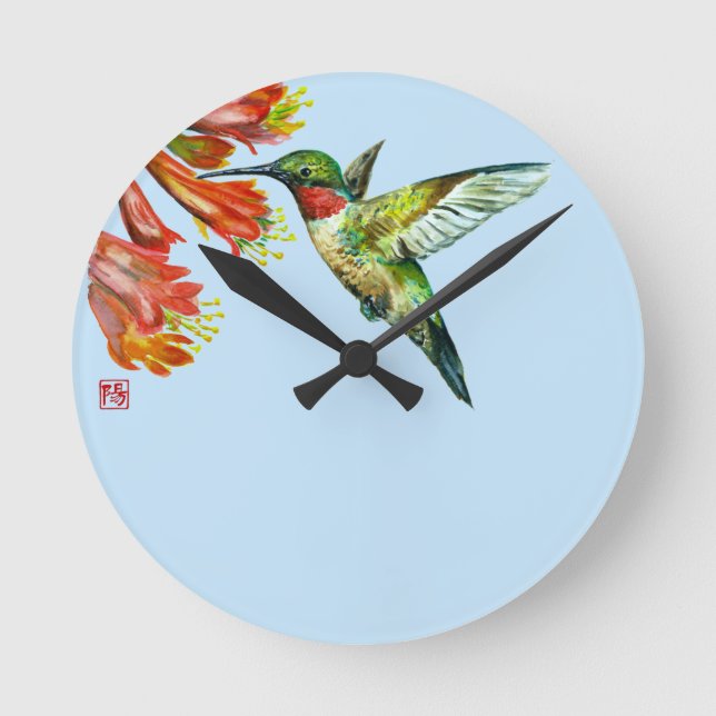Watercolor Hummingbird Round Clock (Front)