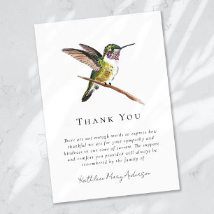 Watercolor Hummingbird Sympathy Funeral Thank You Card