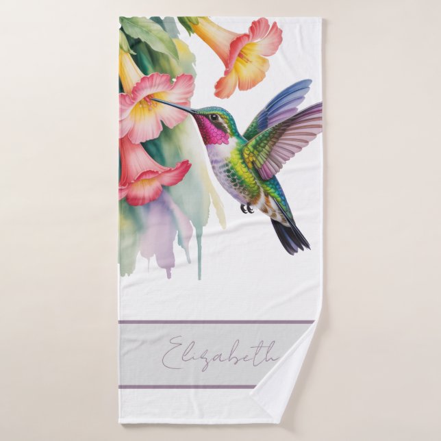 Watercolor Hummingbird with Florals Bath Towel Set (Bath Towel)