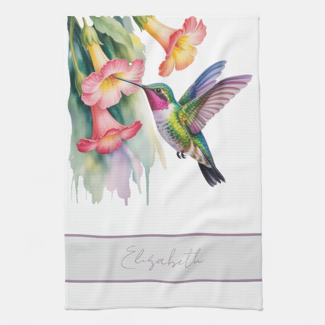 Watercolor Hummingbird with Florals Tea Towel (Vertical)
