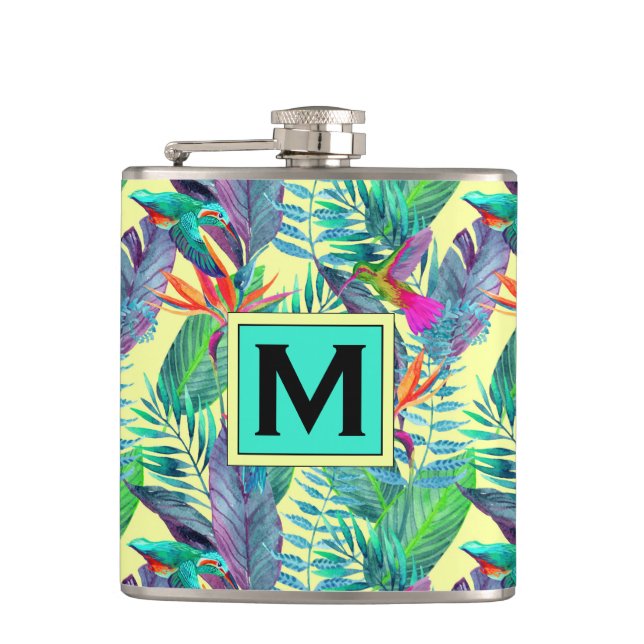 Watercolor Hummingbirds | Add Your Initial Hip Flask (Front)