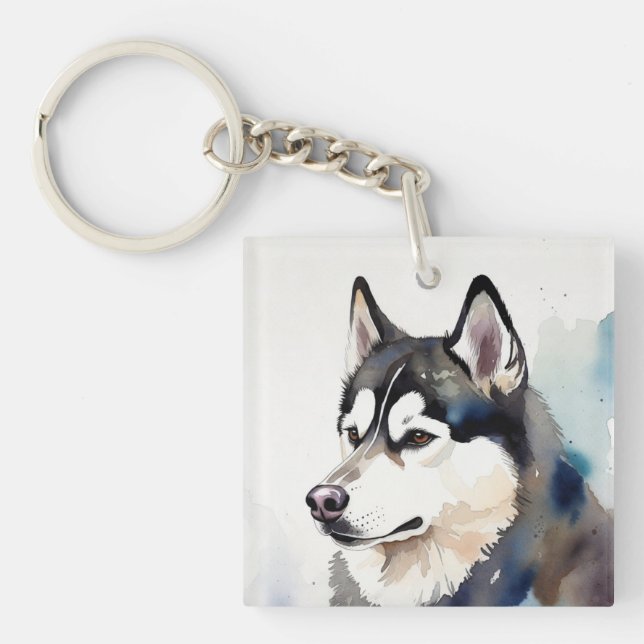 Watercolor Husky Keychain Artistic Dog Illustratio (Front)