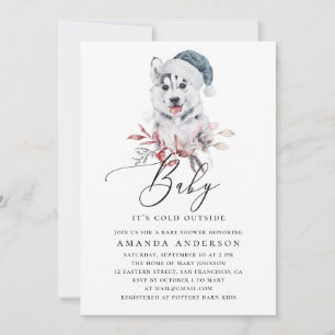 Watercolor husky. Winter dog. Boy baby shower Invitation