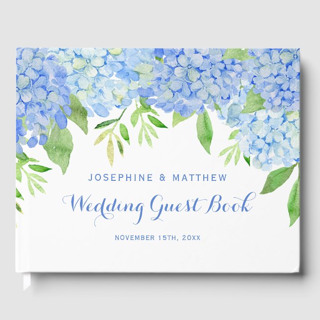 Watercolor Hydrangea Blue Floral Wedding Guest Book (Front)