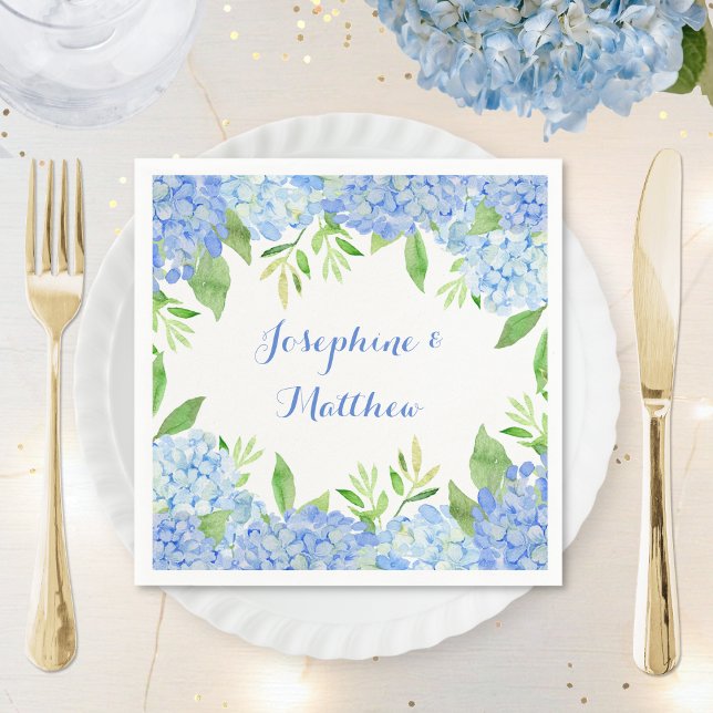 Watercolor Hydrangea Blue Floral Wedding Napkin (Creator Uploaded)
