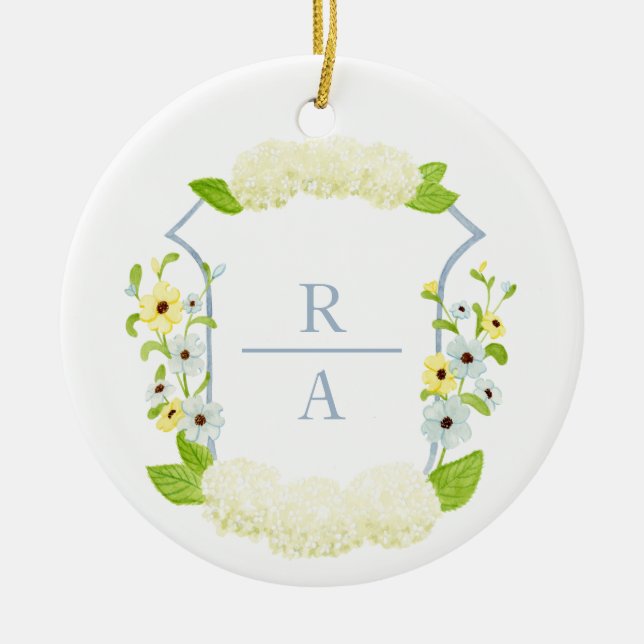 Watercolor Hydrangea Crest Bottle Sticker Ceramic Ornament (Front)