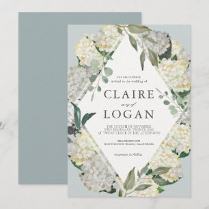 Watercolor Hydrangea Dusty Blue Rhonbus Wedding Invitation