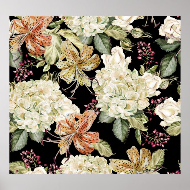 Watercolor Hydrangeas Lilies: Floral Pattern Poster (Front)