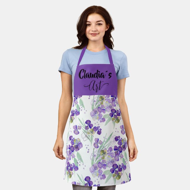 Watercolor Hydrangeas petals Art with name Apron (Worn)
