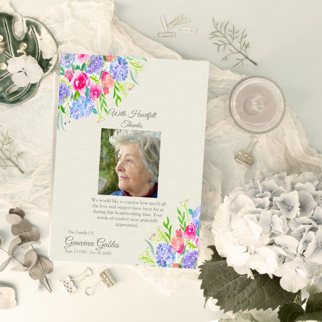 Watercolor Hydrangeas Photo Funeral Thank You (Express gratitude to funeral attendees with this lovely watercolor card featuring hydrangeas. )