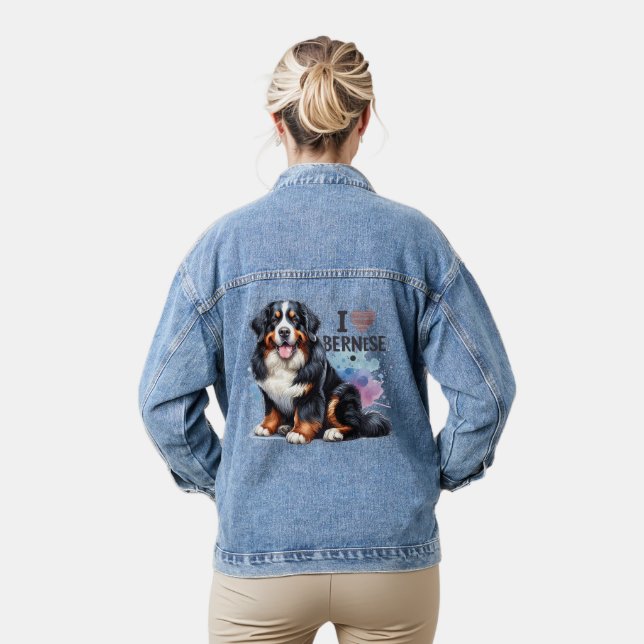 Watercolor I Love My Bernese Mountain Dog Denim Jacket (Model)