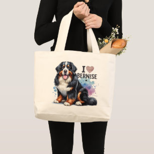 Watercolor I Love My Bernese Mountain Dog Large Tote Bag