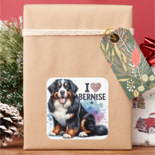 Watercolor I Love My Bernese Mountain Dog Square Sticker