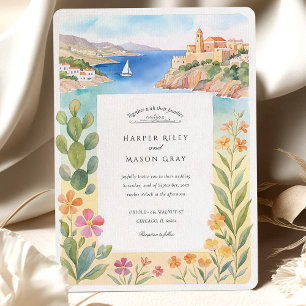 Watercolor Ibiza Coastal Castle Wedding Invitation