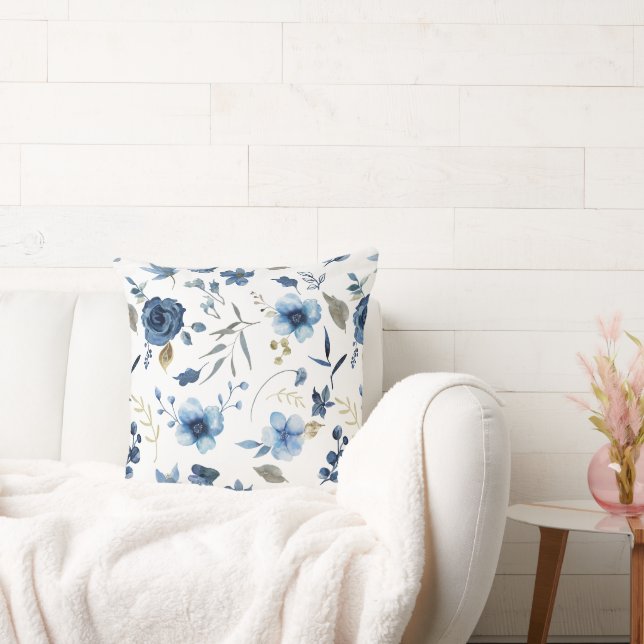 Watercolor Ice Blue Floral Cushion (Couch)