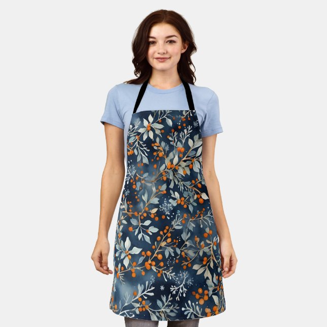 Watercolor Ice Blue Winter Floral Pattern  Apron (Worn)