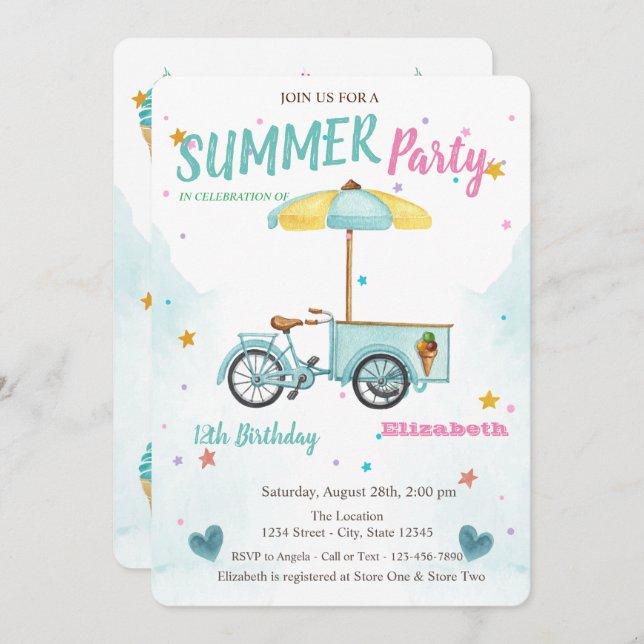 Watercolor Ice cream Bike Stars Birthday  Invitation (Front/Back)