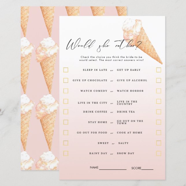 Watercolor Ice Cream Bridal Shower Games (Front/Back)