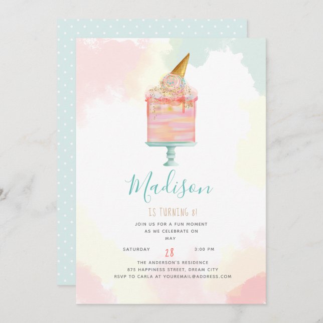 Watercolor Ice Cream Cake Birthday Party Invitation (Front/Back)