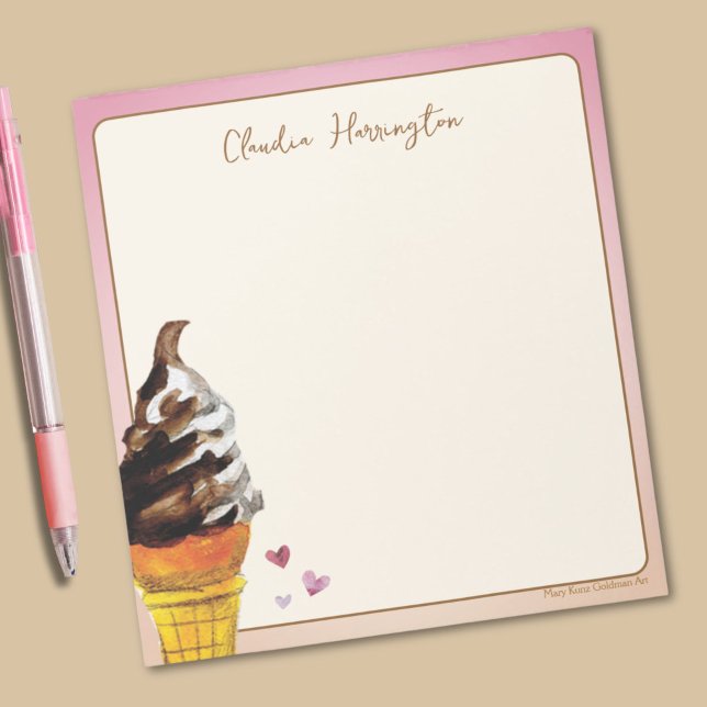 Watercolor Ice Cream Cone Personalised Stationery Notepad (This colorful ice cream notepad features my own vivid watercolor of a chocolate vanilla twist cone.)