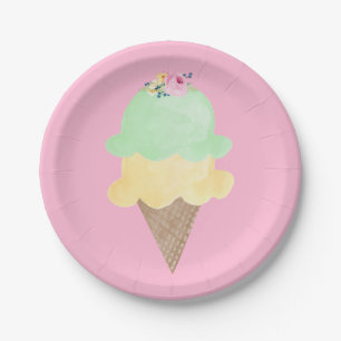 Watercolor Ice Cream Cone Pink Paper Plates