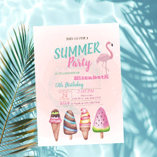 Watercolor Ice cream,Flamingos Birthday Party Invitation