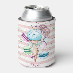 Watercolor Ice cream,Macaroons,Pink Stripes Can Cooler