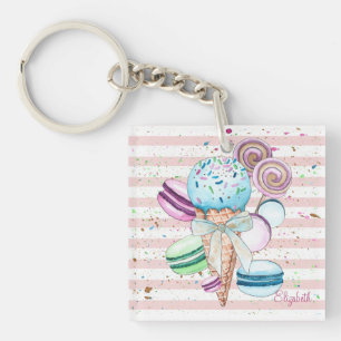 Watercolor Ice cream,Macaroons,Pink Stripes Key Ring