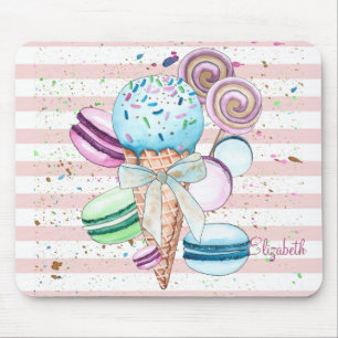 Watercolor Ice cream,Macaroons,Pink Stripes Mouse Pad