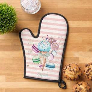 Watercolor Ice cream,Macaroons,Pink Stripes Oven Mitt