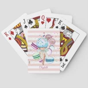 Watercolor Ice cream,Macaroons,Pink Stripes Playing Cards
