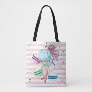 Watercolor Ice cream,Macaroons,Pink Stripes Tote Bag