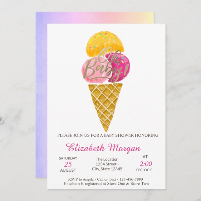 Watercolor Ice cream Oh Baby Summer Baby Shower  Invitation (Front/Back)