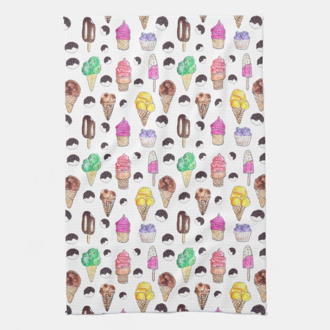 Watercolor Ice Cream Pattern Tea Towel (Vertical)