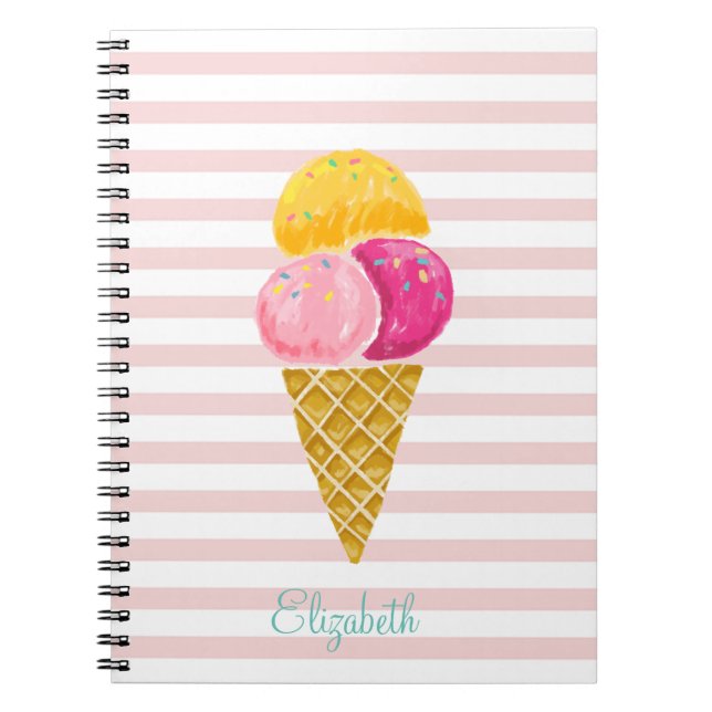 Watercolor Ice cream,Pink Stripes Notebook (Front)