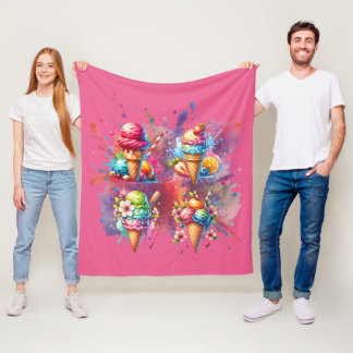 Watercolor Ice Cream Print – Colourful Summer Dess Fleece Blanket